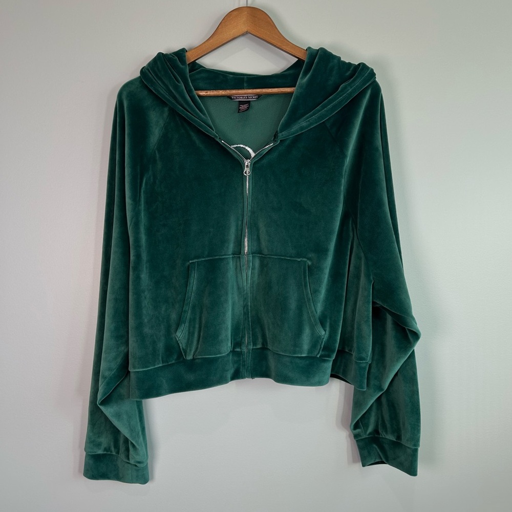 Victoria’s Secret Front Zip Dark Green Long Sleeve Velour Hoodie Womens Size 2XL